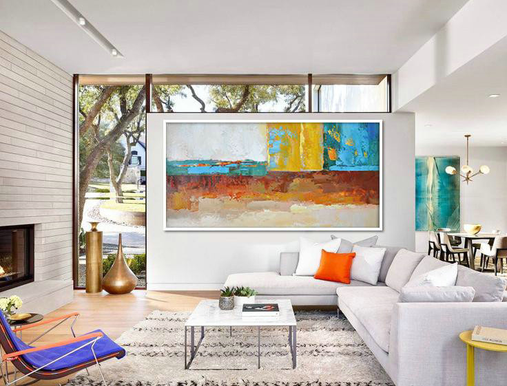 Extra Large Acrylic Painting On Canvas,Horizontal Palette Knife Contemporary Art,Hand Painted Abstract Art,White,Yellow,Red,Blue,Brown.etc